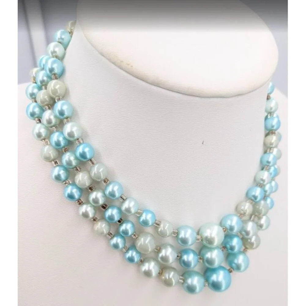 Vintage Japan Triple Strand Faux Pearl Necklace Aqua Cream Silver Tone 18 Inch